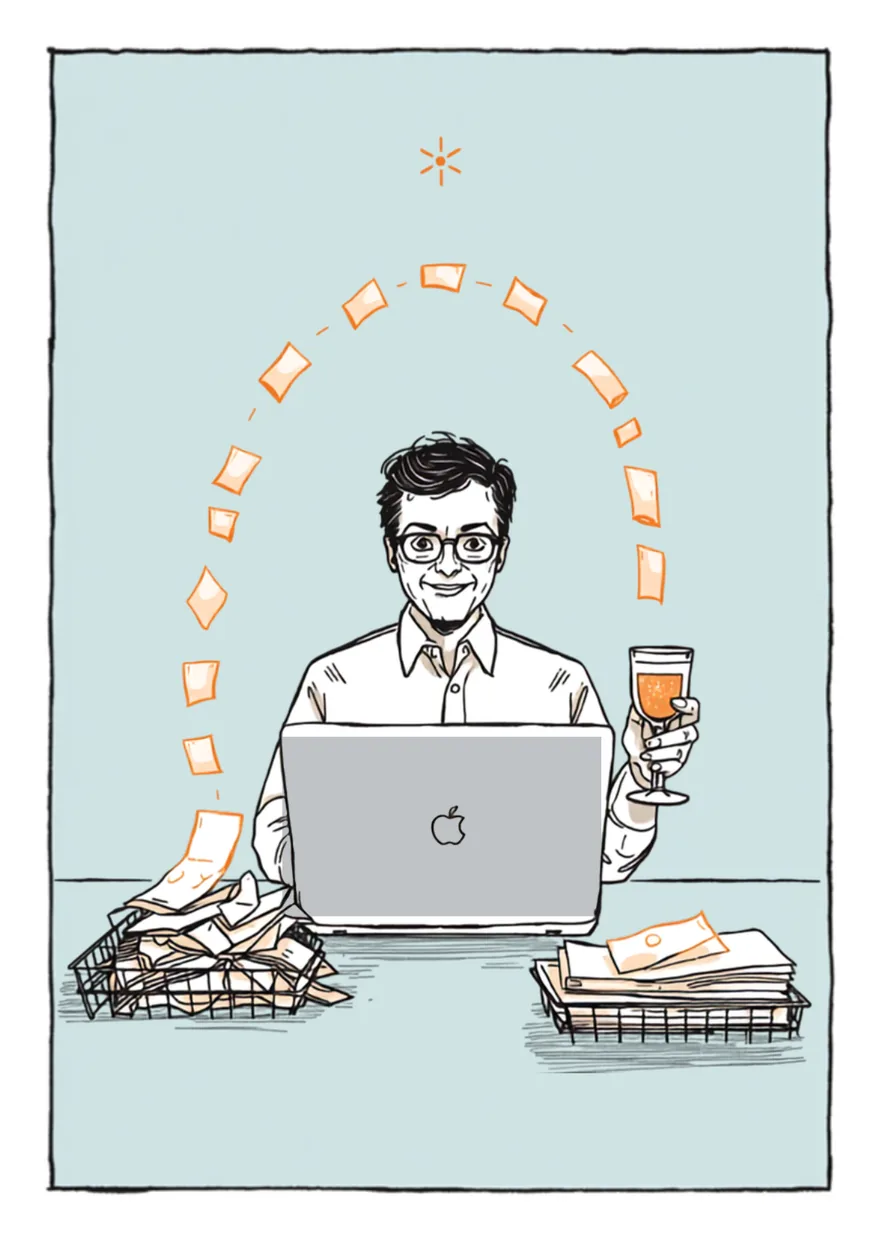 Hand-drawn illustration of a business owner watching a messy pile of papers flow through a laptop and land as neatly sorted trays