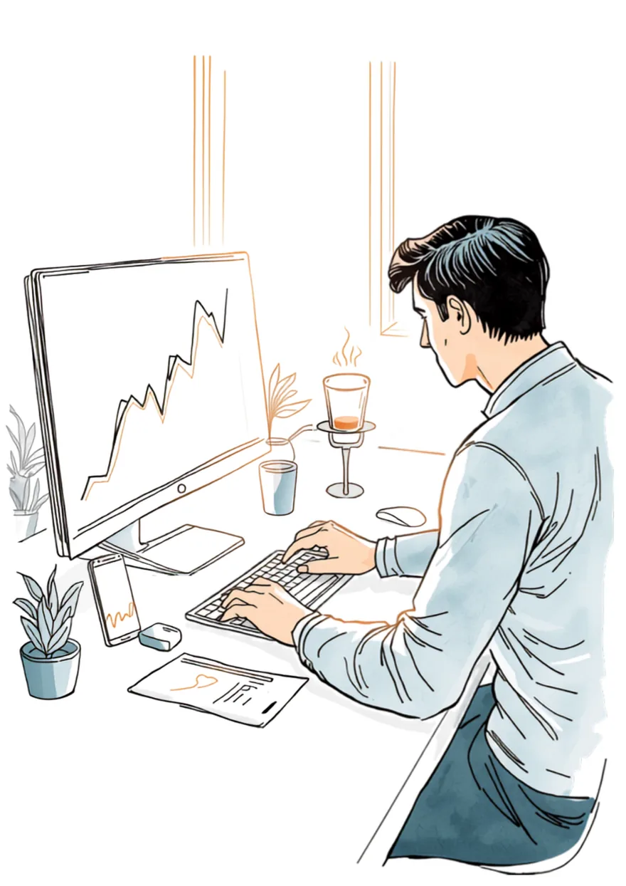 Hand-drawn illustration of a marketing professional at a modern desk, a monitor showing a rising line chart and a phone displaying search results