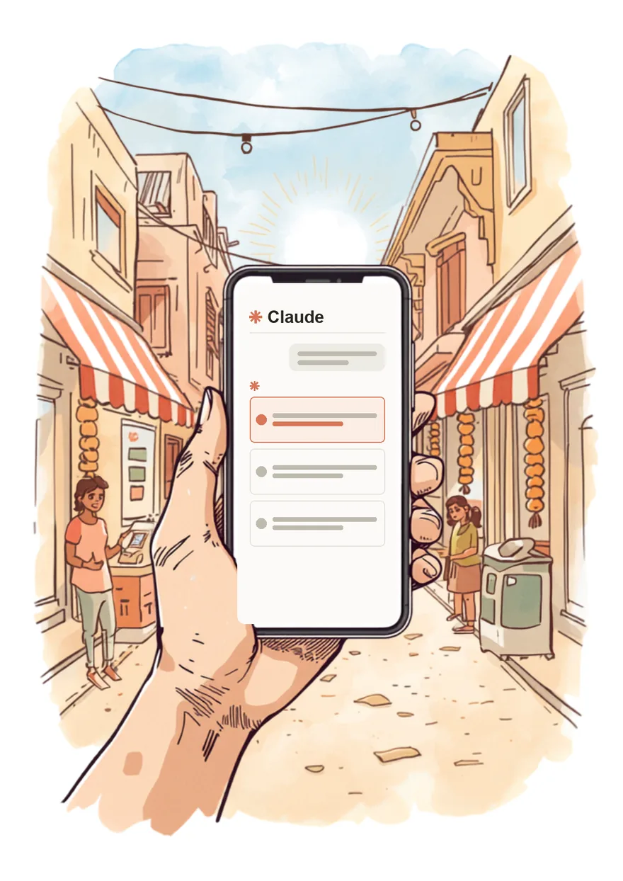 Hand-drawn illustration of a hand holding up a phone in a warm Indian market street, with one shop glowing brighter than the rest